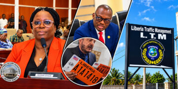 Collage of Sen. Momo Cyrus, Senate President Pro Tempore Nyonblee Karnga-Lawrence and Liberia Traffic Management scenes.