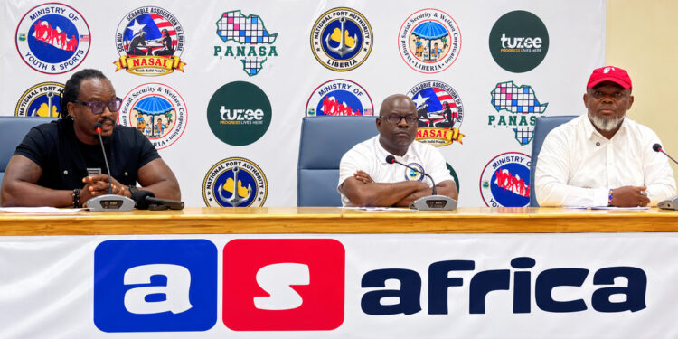 Organizers at a press briefing on the Africa Scrabble Championship in Liberia.