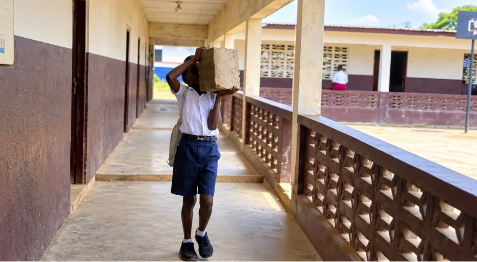 Student carrying concrete block to a classroom at J.W.A. Richards School in Louisiana Township, Liberia.