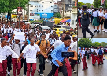 Collage of MCSS students demonstrating in Monrovia.