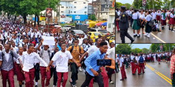 Collage of MCSS students demonstrating in Monrovia.