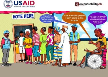 llustrated Liberian polling station showing voters in line and election workers assisting elderly voters and a wheelchair user.