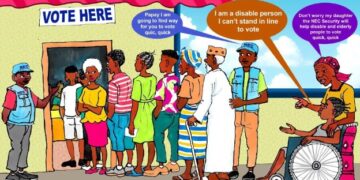 llustrated Liberian polling station showing voters in line and election workers assisting elderly voters and a wheelchair user.